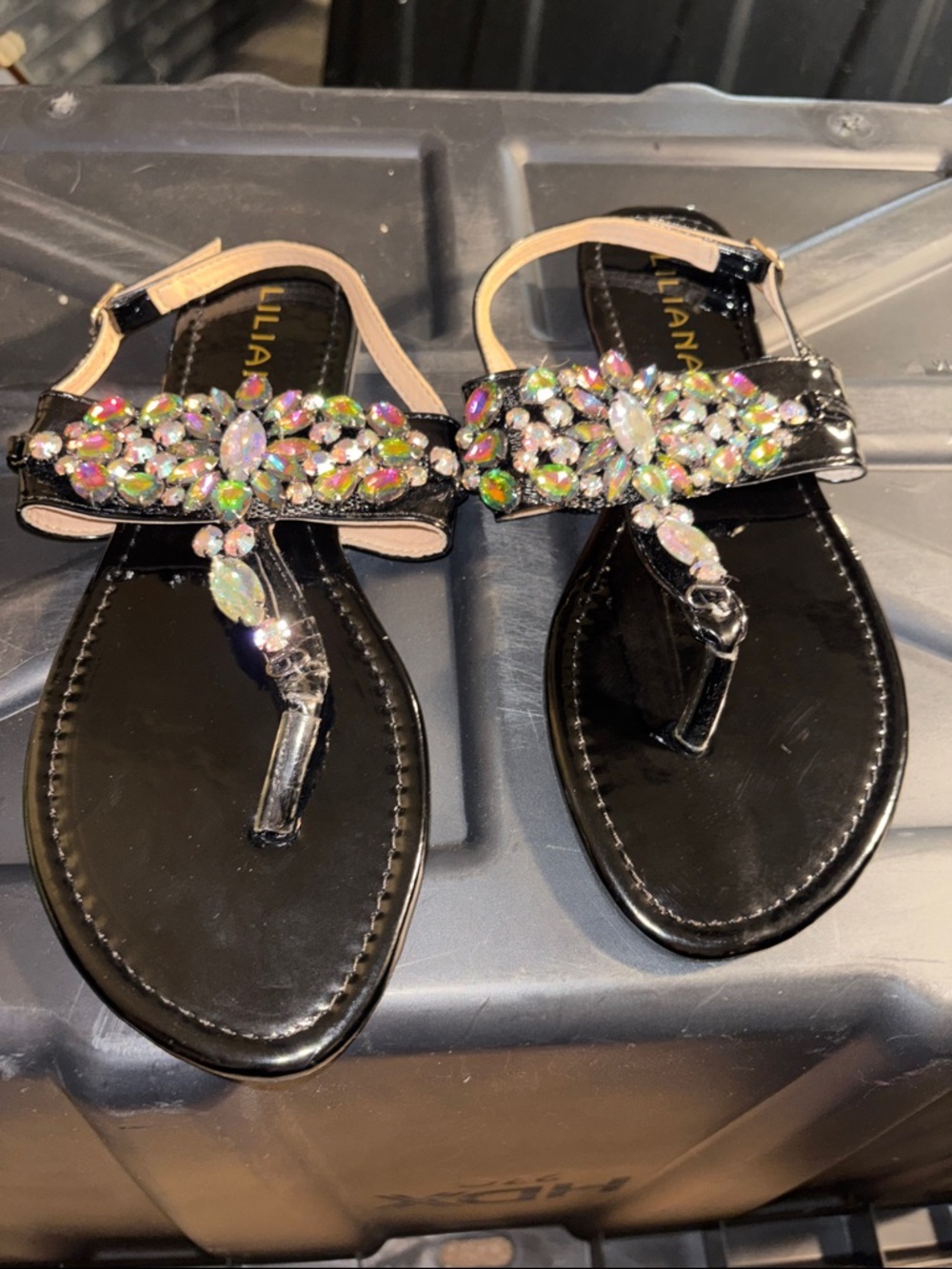 Liliana Black Jeweled T-Strap Sandals with Iridescent Stones